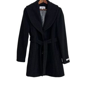 Calvin Klein Wool Blend Belted Shawl Lapel Fully Lined Wrap Coat Black Size 8
